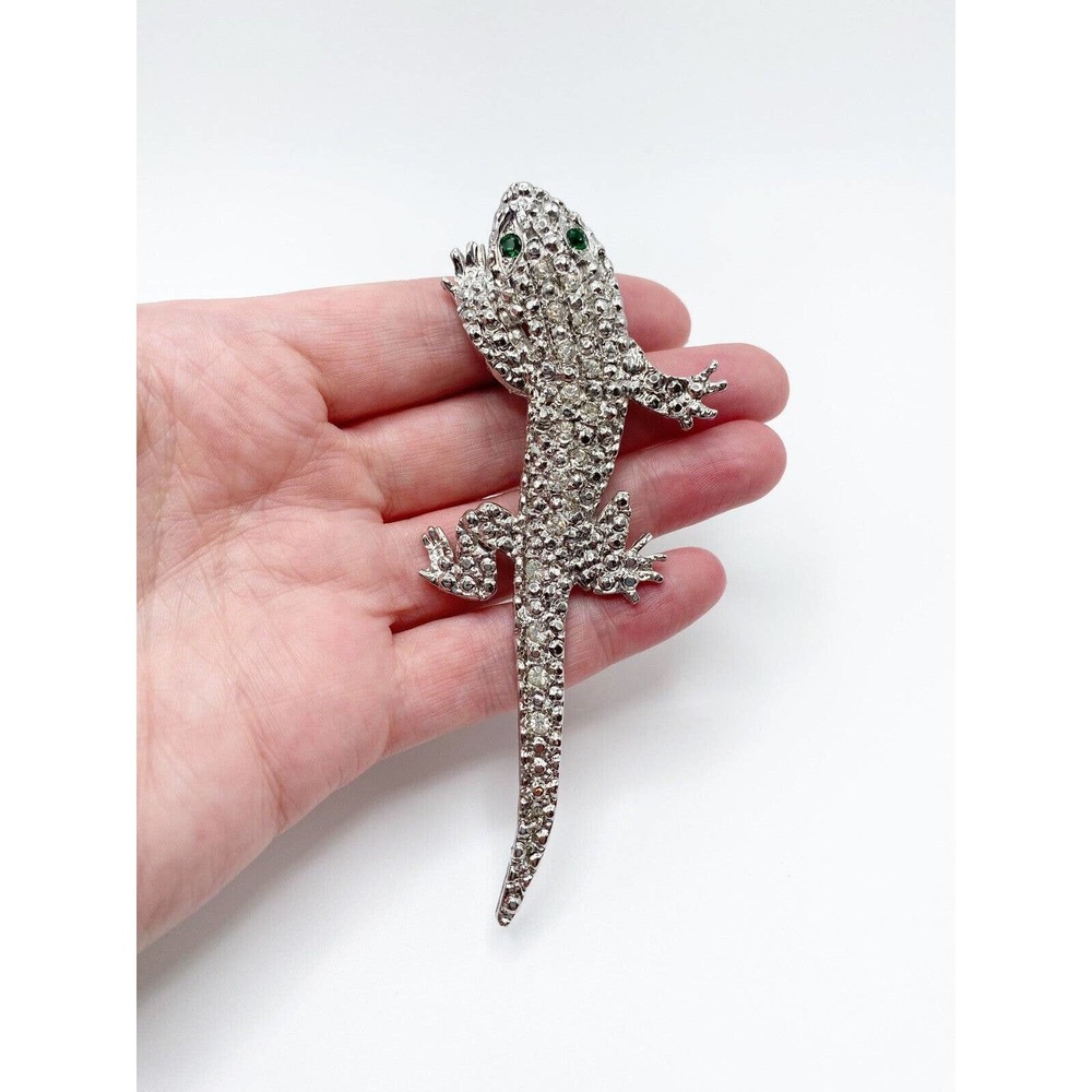 Large Silver Tone Clear Rhinestone Green Eye Lizard Gecko Brooch Pin Figural - Picture 5 of 5